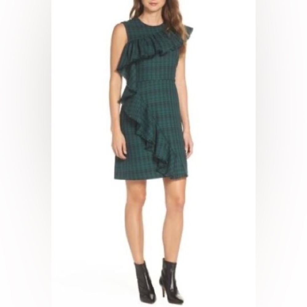 Chelsea28 green black plaid asymmetrical shoulder dress